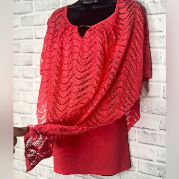 Covington Coral Red Sheer Poncho Women's Top - Picture 5 of 7